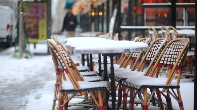 Traditional outdoor cafe chairs and round tables in Paris covered with a fresh layer of snow.