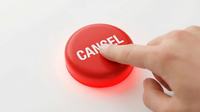 Hand pressing a red cancel button on a white background. Finger pushing a switch to stop, abort, or reject a process. Concept of cancellation, opting out, and consumer rights
