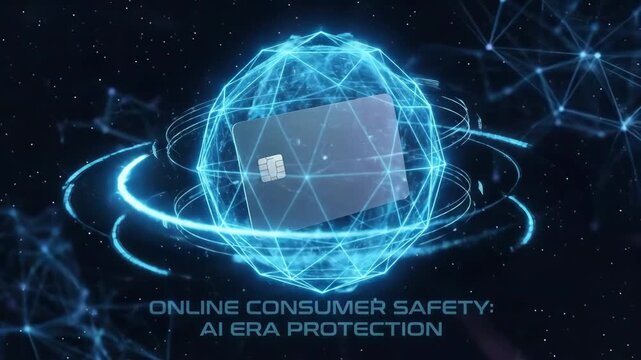 Online consumer safety and AI era protection text with credit card inside digital shield. Cybersecurity concept with glowing blue network sphere protecting financial data. World Consumer Rights Day
