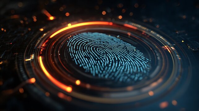 Glowing fingerprint scan data, digital security concept in dark blue with orange highlights - Powered by Adobe