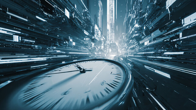 Time lapse view of a fast moving escalator and train showing speed time and modern technology concept