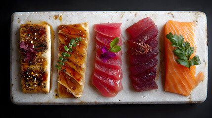 minimalist gourmet fish assortment with salmon tuna and white fish on white stone plate