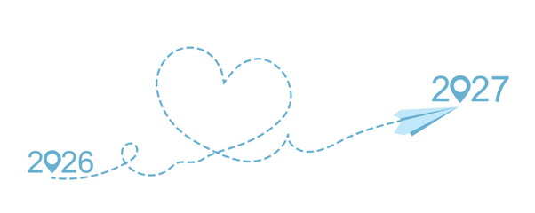 Paper plane from 2026 to 2027 with heart path