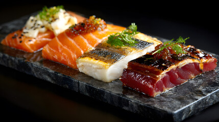 modern chefs platter with assorted cured and roasted meats on dark slate