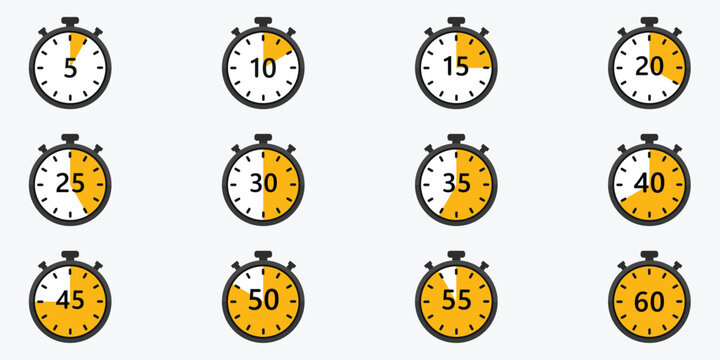 Stopwatch and timer icon set flat vector collection showing different time intervals for countdown, time management and productivity concept