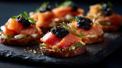 salmon canapes with black caviar and dill on toasted bread
