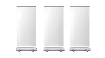 Three blank white roll up banners isolated on a transparent background