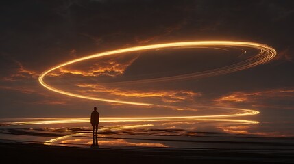 Silhouetted person gazing at a swirling vortex of glowing orange light on a beach at sunset