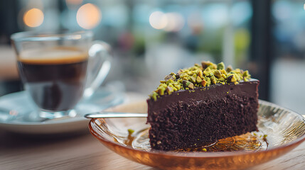 chocolate pistachio cake slice with espresso cup in cafe