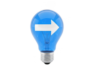 Illuminated blue light bulb with white arrow symbolizing innovation and direction isolated on transparent background