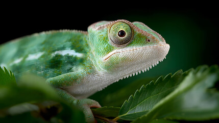 Fototapeta premium Close up of green chameleon head on leaf with black background