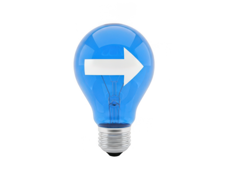 Illuminated blue light bulb with white arrow symbolizing innovation and direction isolated on transparent background - Powered by Adobe