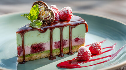 slice of pistachio and raspberry mousse cake with chocolate drizzle