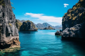 Tropical island paradise revealing towering limestone cliffs and clear blue water