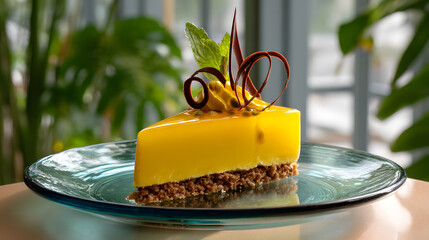 slice of mango passion fruit mousse cake with glossy glaze
