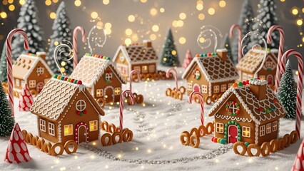 magical winter wonderland of gingerbread houses forming a small candy village snowy ground shimmering light