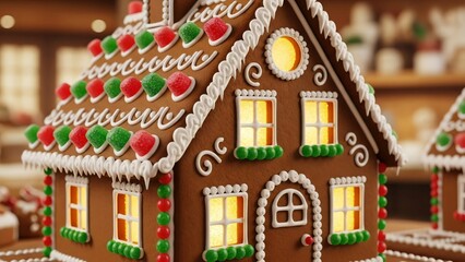 decorated gingerbread house with shining sugar windows gumdrops, icing patterns