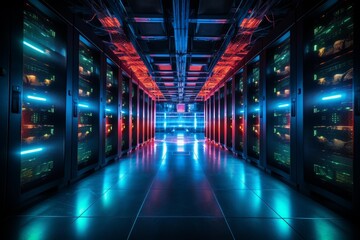 Server room corridor showing data center infrastructure and glowing network hardware