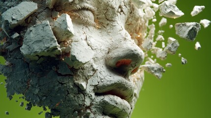 An abstract human face, textured like cracked and crumbling stone, gazes directly forward as fragments visibly break away, set against a bright, luminous green backdrop.