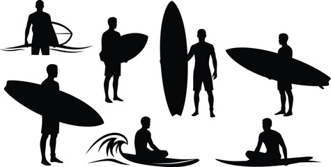 Male surfers pose silhouette. Surfers carrying their boards, standing by their boards, and actively riding a wave vector illustration. 