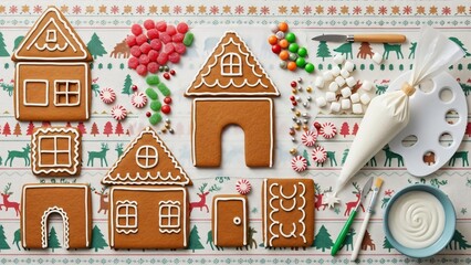 flat lay composition of gingerbread house parts on a patterned