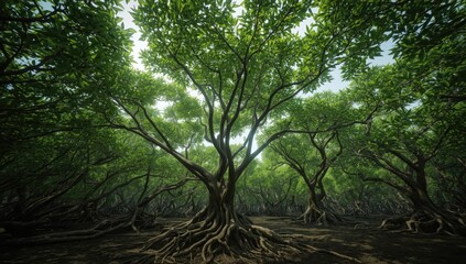 Fototapeta premium Aerial perspective of lush mangrove canopy, highlighting its role as a sustainable carbon capture ecosystem