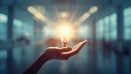 Person holding a lit light bulb with intense brightness, emphasizing inventive thinking and knowledge sharing.