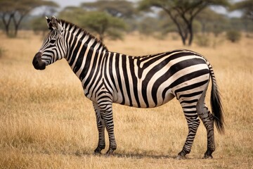 Fototapeta premium Side profile of a zebra showcasing its typical striped fur pattern