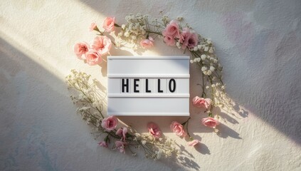 Greeting card setup featuring a lightbox with text and a bouquet, creative flat lay style, top-down perspective, LED sign and floral arrangement