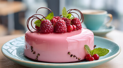 raspberry mousse cake with glossy pink glaze and berries
