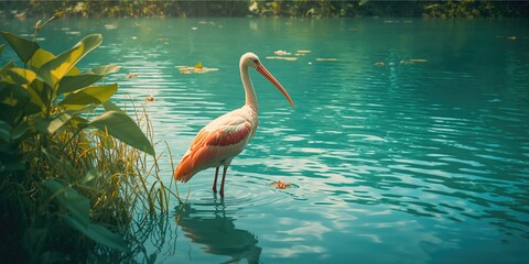 Spoonbill resting between aquatic vegetation emphasizing natural environment, World Wetlands Day