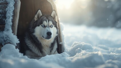 Husky dog resting in a kennel in Lapland, cold climate adaptation