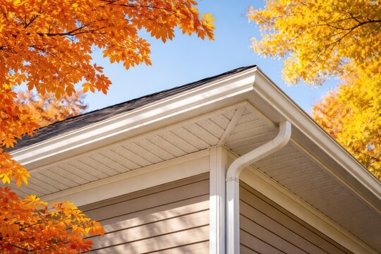 Bright autumn foliage framing a building with vinyl soffit and fascia under clear sky