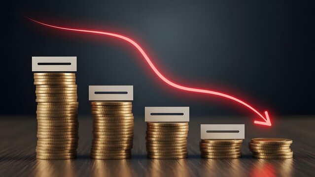 Economic recession and financial loss. Market crash and bankruptcy risks. Red arrow pointing downward over declining stacks of gold coins on a dark surface