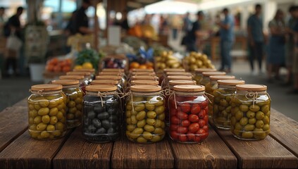 Variety of pickled olives arranged on a farmers market stand, highlighting food processing practices, World Food Day