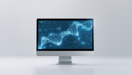 Fototapeta premium DNA illustration combined with desktop screen background illustrating molecular structure focus, science theme