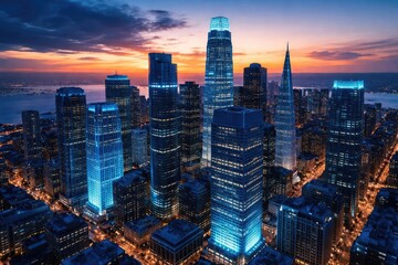 Sunset over downtown financial area highlighting skyscrapers in blue shades