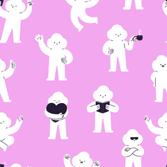 Fototapeta premium Cloud funny characters. White fluffy creatures smile, say hello, drink coffee or tea, hug heart and reading book. Creative seamless pattern, vector background
