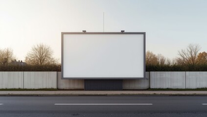 Empty noise barrier billboard with a designated blank area for mockup purposes, situated beside an unoccupied street in an urban setting
