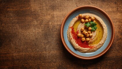 Hummus with red spices, chickpeas, and herbs on a ceramic plate, emphasizing traditional cuisine preparation, World Food Day