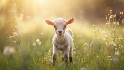 Young goat with pinkish coat lying on grass, highlighting its cuteness for wildlife imagery