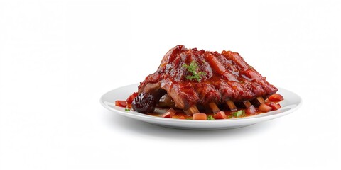 Obraz premium Pork ribs and prunes served together, highlighting balanced protein and fiber sources, food styling