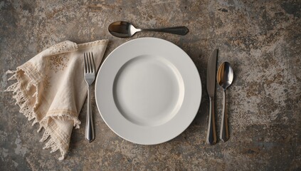 Table setting featuring an empty plate, cutlery, and a snowflake-patterned beige towel, emphasizing winter decor for seasonal events