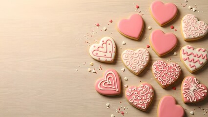 Fototapeta premium Valentine day heart shaped cookies on a wooden background. Romance and sweet dessert celebration. Assorted pink and white royal icing sugar cookies decorated with patterns and sprinkles