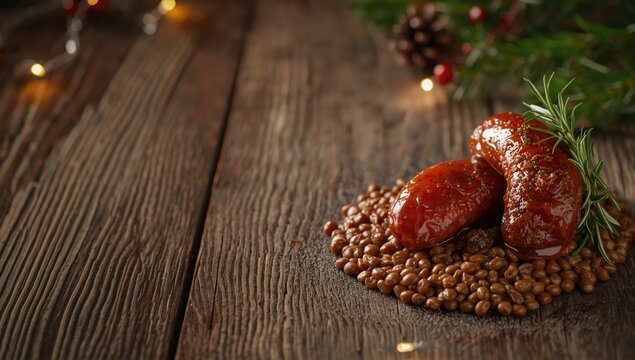Italian cotechino sausage accompanied by lentils and herbs, highlighting festive seasonal dishes for New Year&acirc;&euro;&trade;s Eve