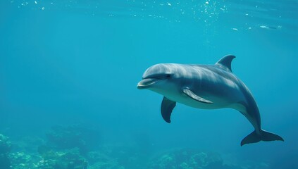 Naklejka premium Dolphin gliding through the sea, focusing on aquatic life and movement, World Oceans Week