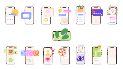 Smartphone screen with different apps. Digital application of music, marketplace, banking, food order, weather cast, social media, gps navigation, vector set