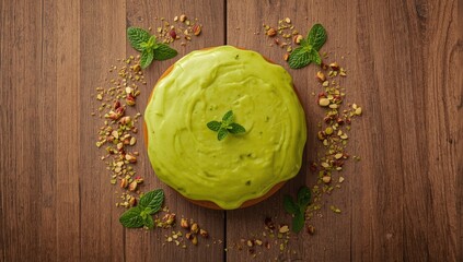 Pistachio cake with glossy glaze laid on wooden background, emphasizing bakery craftsmanship and seasonal dessert appeal