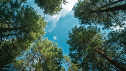 Looking up at conifer trees in a dense forest, used as a backdrop for environmental or landscape designs