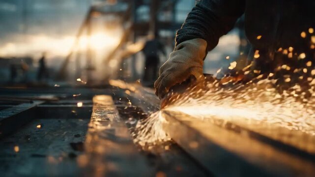 Industrial worker grinding metal with flying sparks